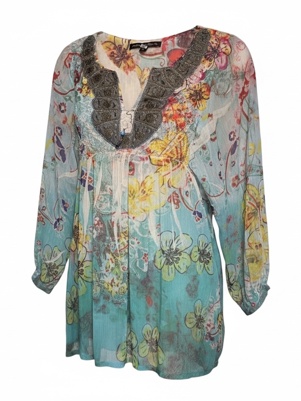 Anuschka Aqua Multi Floral Tunic with Embellished V-Neck